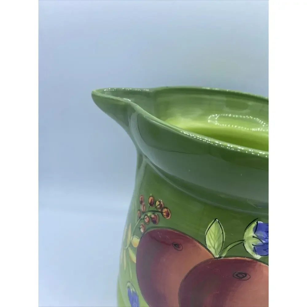 LAURIE GATES Ware Glazed Ceramic PITCHER Green with Fruit Country Farmhouse